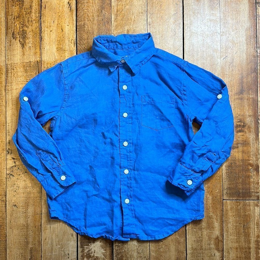 Janie and Jack dress shirt 4 Blue Linen Button Down Shirt Easter Spring Summer
